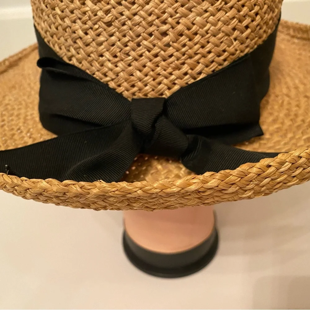 NEW YORK HAT & CAP CO HAT TAN STRAW BLACK GROSGRAIN RIBBON BOW WIDE BRIM USA